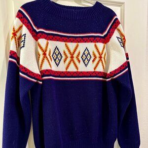 Vintage Montgomery Ward Sweater XL Blue Geometric Knit 80s Ski Style